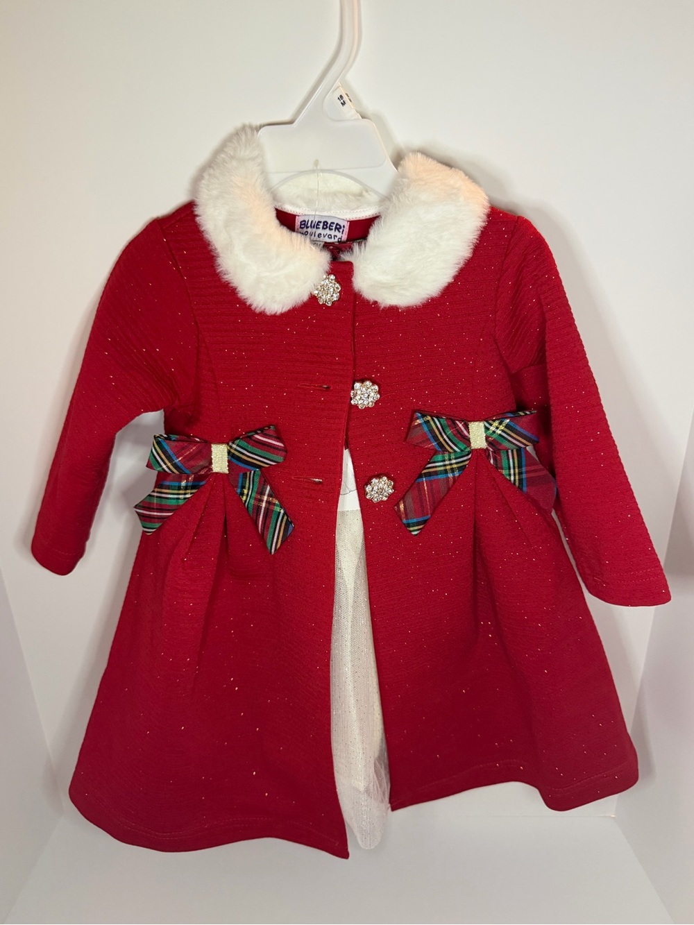 Blueberi Boulevard Red Girls' Faux-Fur Collar Pea Coat with Plaid Bows